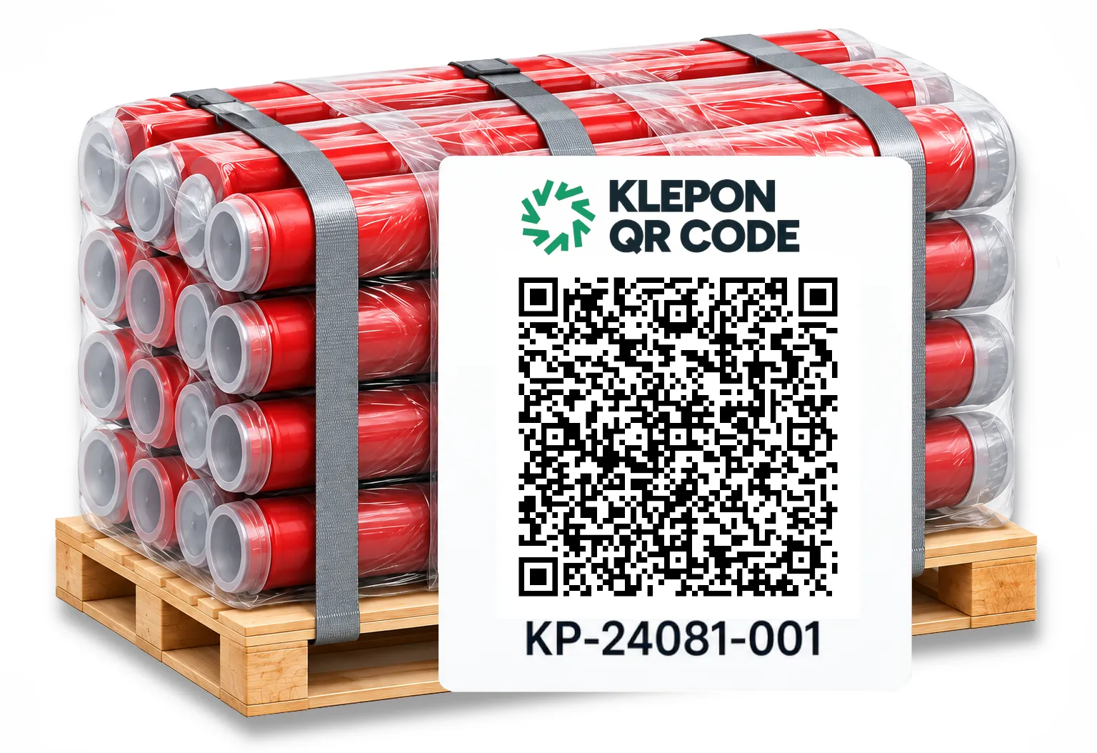 Pallet of red sprinkler pipes labelled with a KLEPON QR code