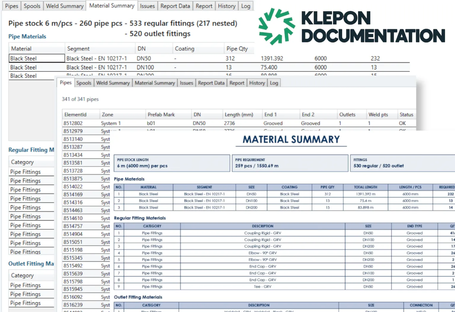 KLEPON documentation: pipe list and printed material summary generated from the model