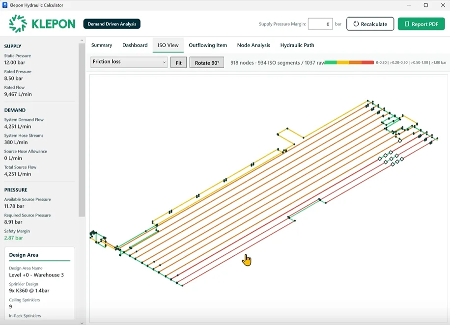 Isometric view of friction loss in a pipe network