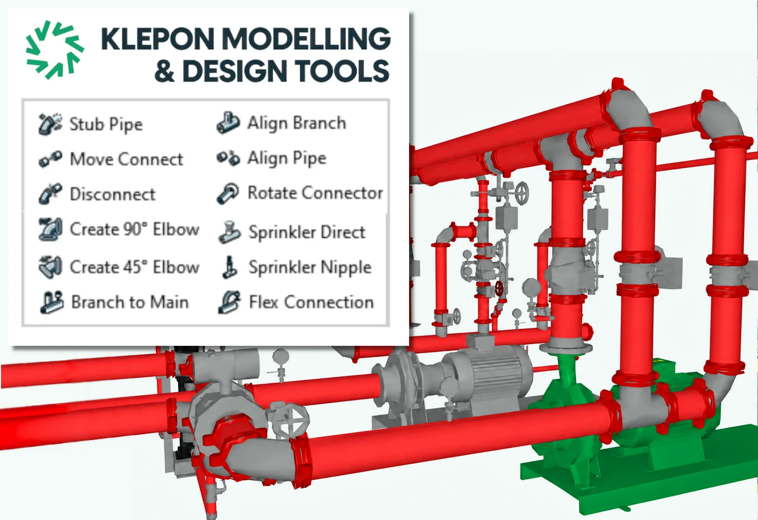 KLEPON modelling tools palette over a fire pump room modelled in Revit