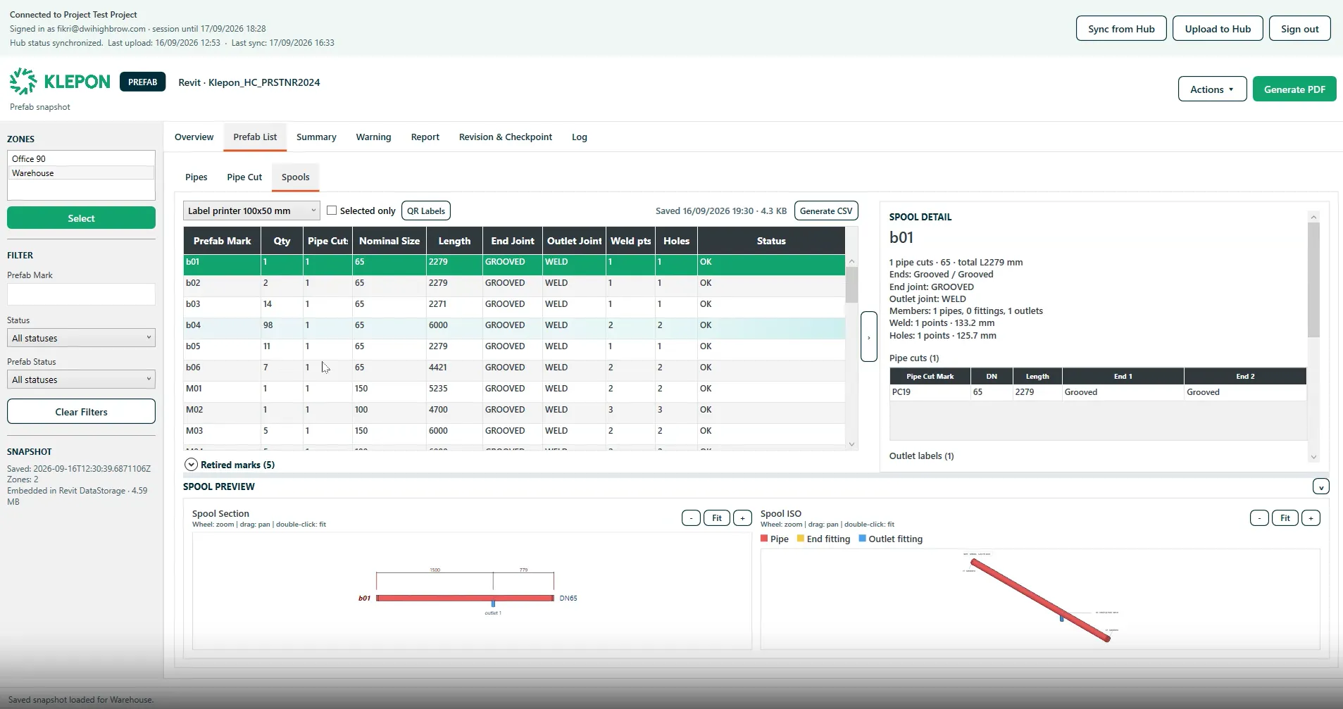 Prefab dashboard showing automated spool documentation