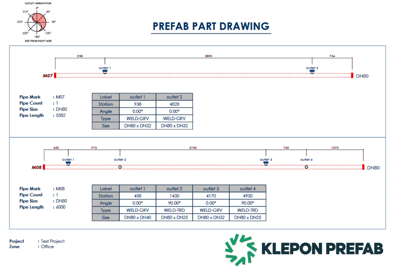 KLEPON prefab part drawing: pipes M07 and M08 with outlet positions and an outlet table for each