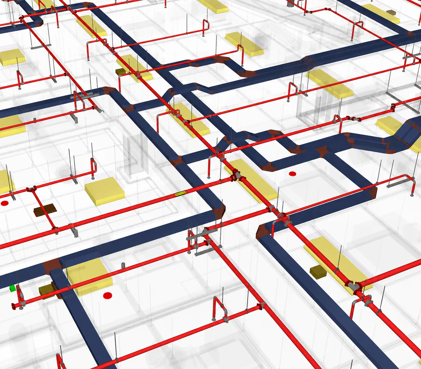 Fire protection pump room with a red standpipe network