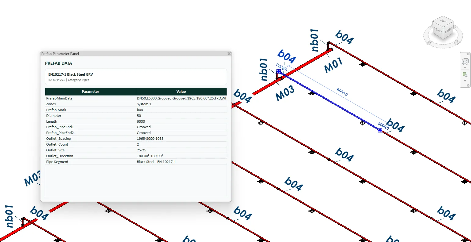 Prefab Parameter Panel showing structured prefab data — mark, diameter, length, and outlet spacing — linked to a pipe element in the Revit model